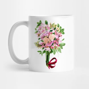 Pink Flowers Bouquet with red ribbon, watercolor Mug